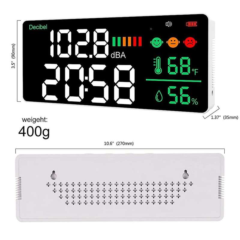 Decibel Meter Wall Hanging Sound Level Meter 30-130DB Range 11 Inch LED Display Noise Time Temperatu