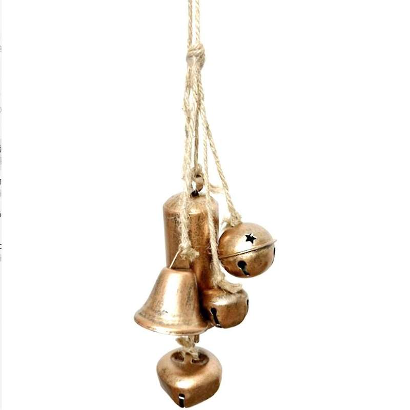 Decorative Metal Bells In Various Shapes On Rope Hanger Wall Hanging, Gold, Christmas