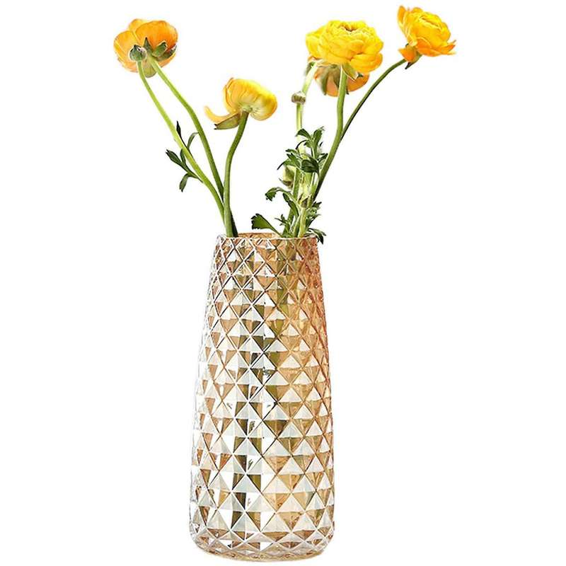 Decorative Glass Vase Crystal Clear Modern Flower Decor Vase for Home Office Table Shelf (Amber Yell