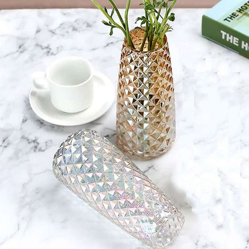 Decorative Glass Vase Crystal Clear Modern Flower Decor Vase for Home Office Table Shelf (Amber Yell