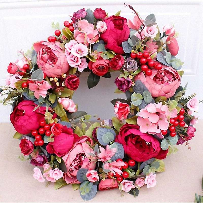 Decorative Door Wreath,Silk Flower Peony Head Flower Wreath 40cm Handmade Garland for Autumn Winter