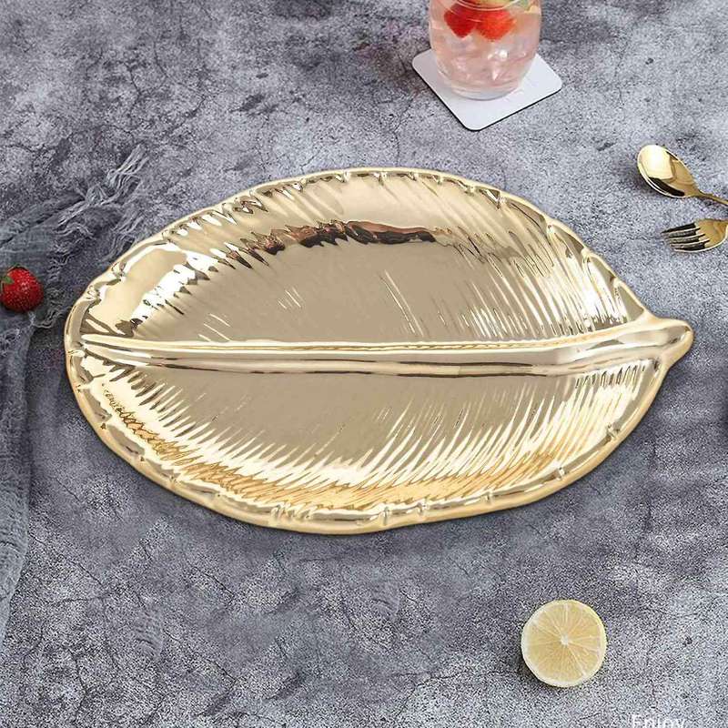 Decorative Gold Leaf Ceramic Plate Dish Porcelain Candy Trinket Dish