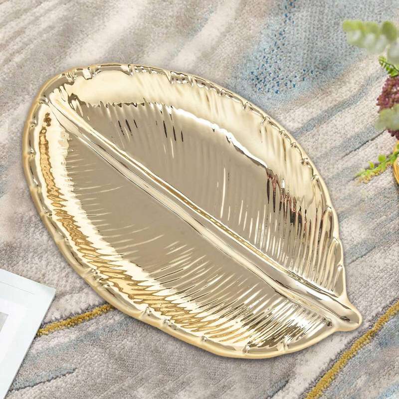 Decorative Gold Leaf Ceramic Plate Dish Porcelain Candy Trinket Dish