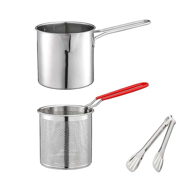 Deep Frying Pot with Strainer Basket Tong Stainless Steel Japanese Tempura Frying Pot for French Fri
