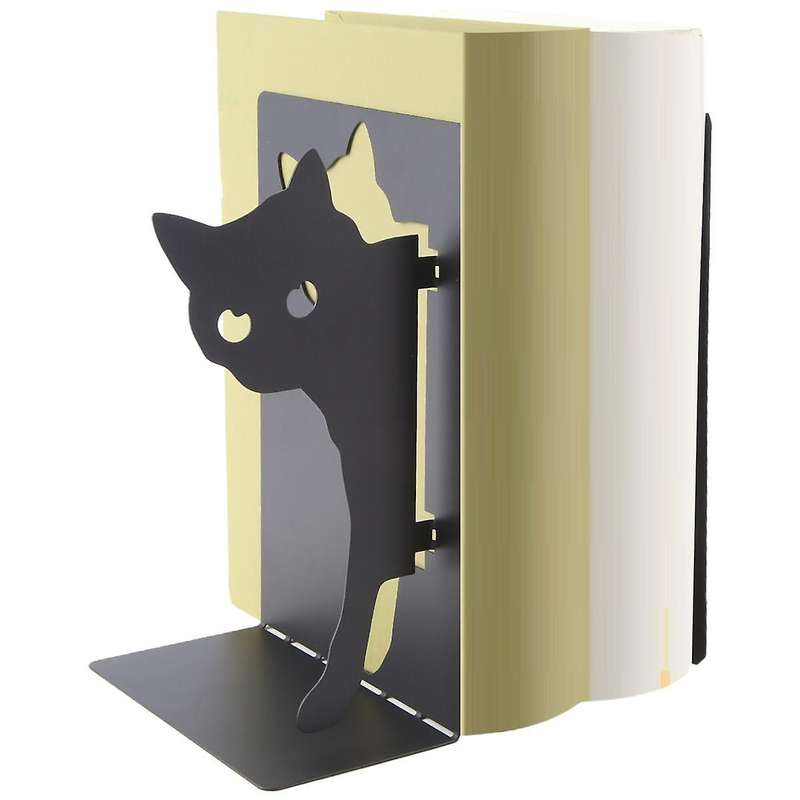 Design Cat Bookends - Metal Decorative Kitty Holders for Books, Magazines, Non-Slip Pads, Round Corn