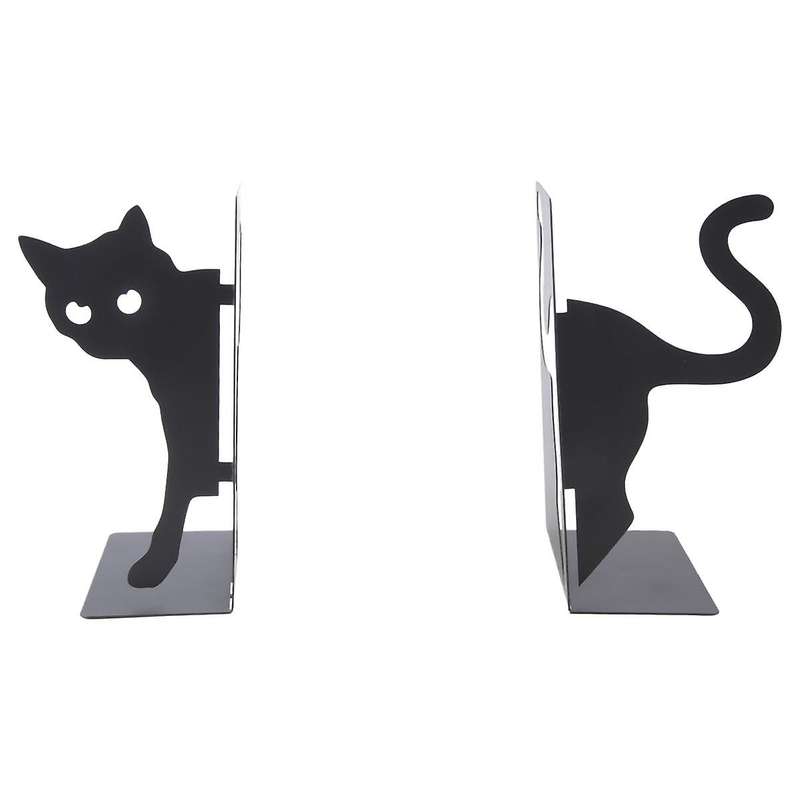 Design Cat Bookends - Metal Decorative Kitty Holders for Books, Magazines, Non-Slip Pads, Round Corn