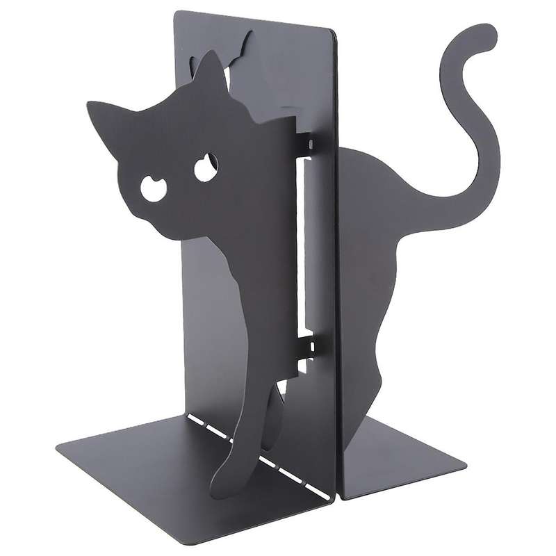 Design Cat Bookends - Metal Decorative Kitty Holders for Books, Magazines, Non-Slip Pads, Round Corn