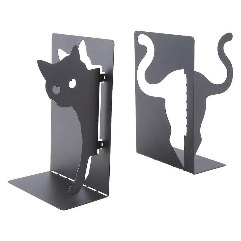 Design Cat Bookends - Metal Decorative Kitty Holders for Books, Magazines, Non-Slip Pads, Round Corn