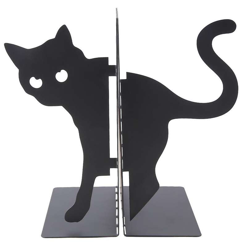 Design Cat Bookends - Metal Decorative Kitty Holders for Books, Magazines, Non-Slip Pads, Round Corn