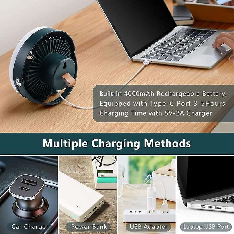 Desk Fan, USB Rechargeable Portable Fan, Camping Fan with Adjustable Ring LED Lights for Bedroom, Ho
