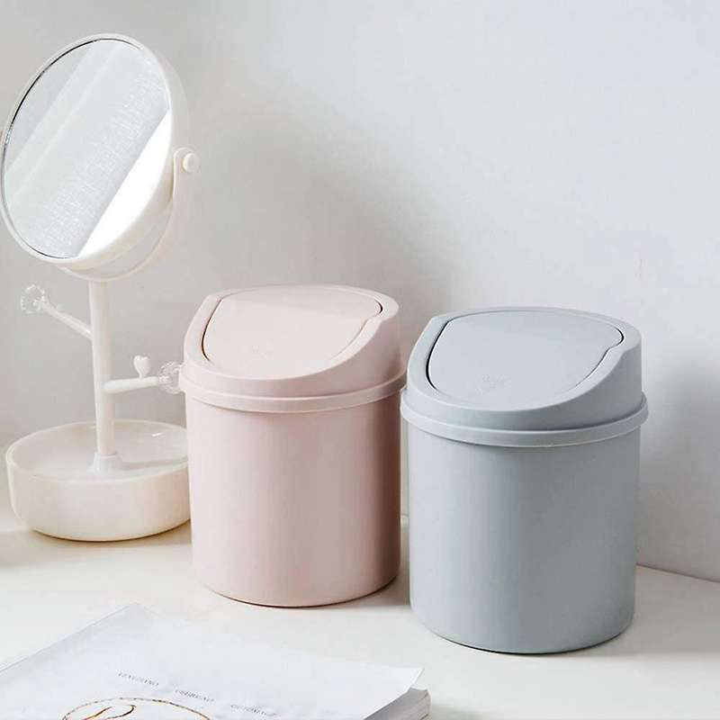 Desktop Trash Can Cute Home Office Small Paper Basket with Lid Swing Lid Mini Trash Storage Bin Gray