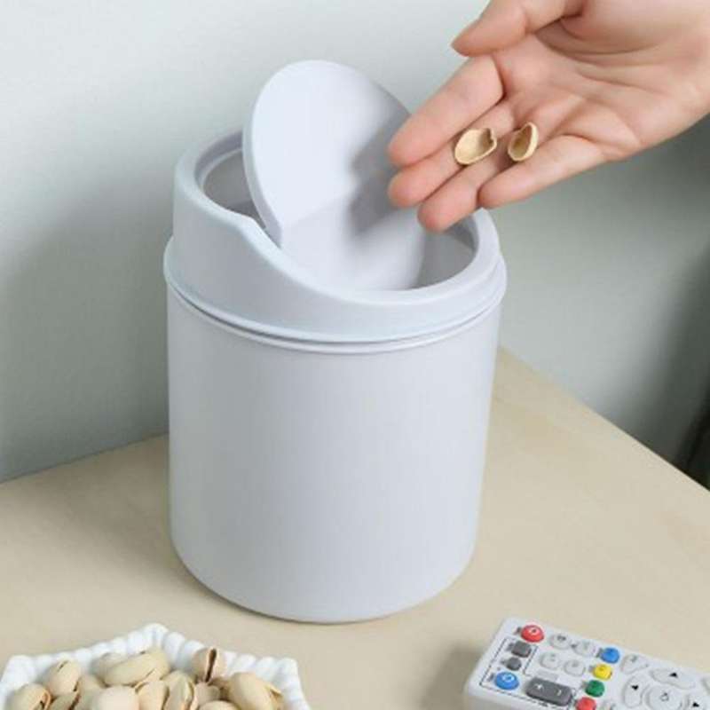 Desktop Trash Can Cute Home Office Small Paper Basket with Lid Swing Lid Mini Trash Storage Bin Gray