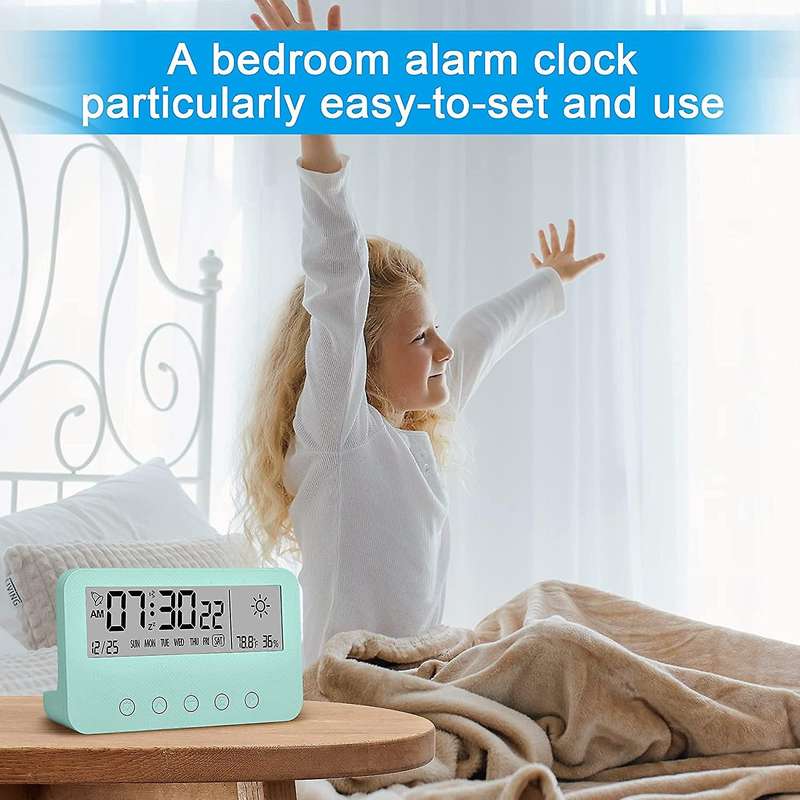 Digital Alarm Clock for Bedrooms,Battery Operated Desk Clock,with Countdown,Weather,Night Light,Date