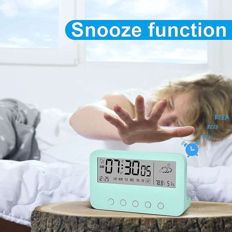Digital Alarm Clock for Bedrooms,Battery Operated Desk Clock,with Countdown,Weather,Night Light,Date