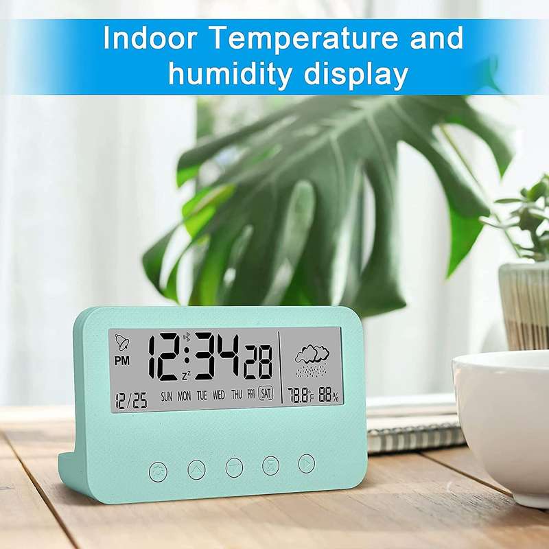 Digital Alarm Clock for Bedrooms,Battery Operated Desk Clock,with Countdown,Weather,Night Light,Date