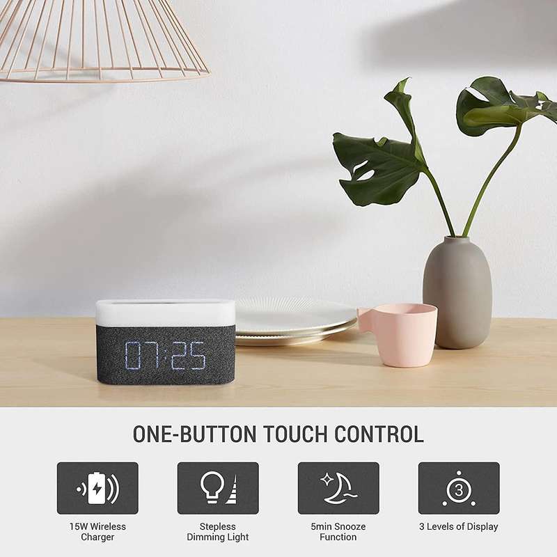 Digital Alarm Clock with LED Light Wireless Charging 15W Max Contact Bedside Lamp with 5-100% Adjust