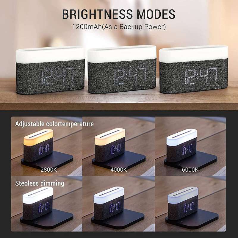 Digital Alarm Clock with LED Light Wireless Charging 15W Max Contact Bedside Lamp with 5-100% Adjust