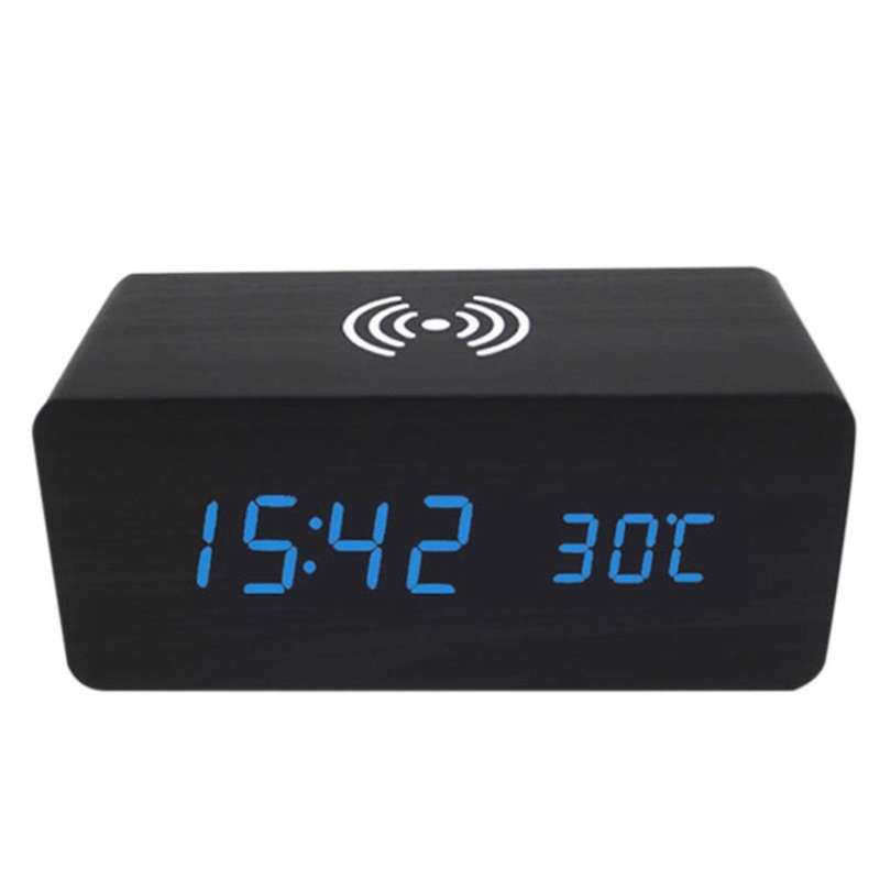 Digital Alarm Clock with Wireless Charging, LED Wood Large Display, USB Port, Date and Temperature D