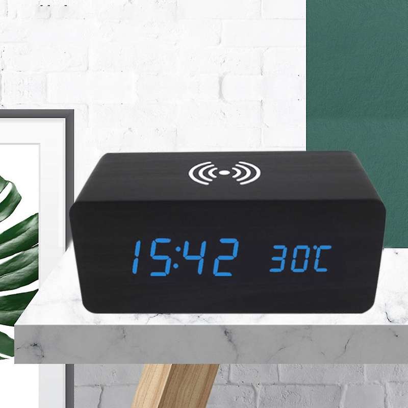 Digital Alarm Clock with Wireless Charging, LED Wood Large Display, USB Port, Date and Temperature D