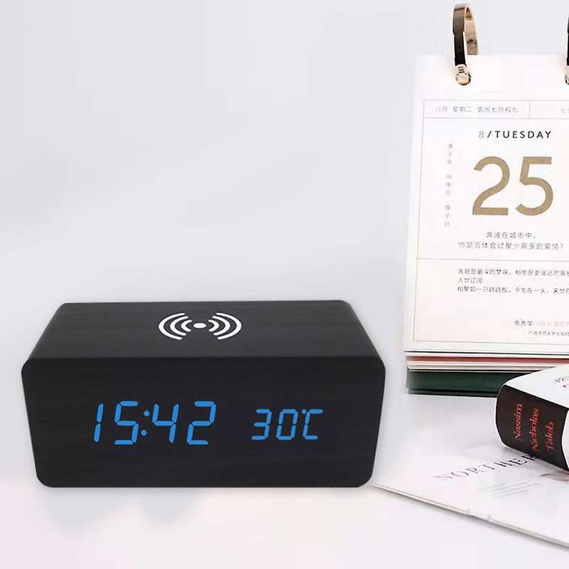 Digital Alarm Clock with Wireless Charging, LED Wood Large Display, USB Port, Date and Temperature D