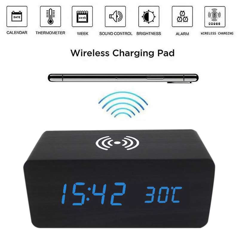 Digital Alarm Clock with Wireless Charging, LED Wood Large Display, USB Port, Date and Temperature D