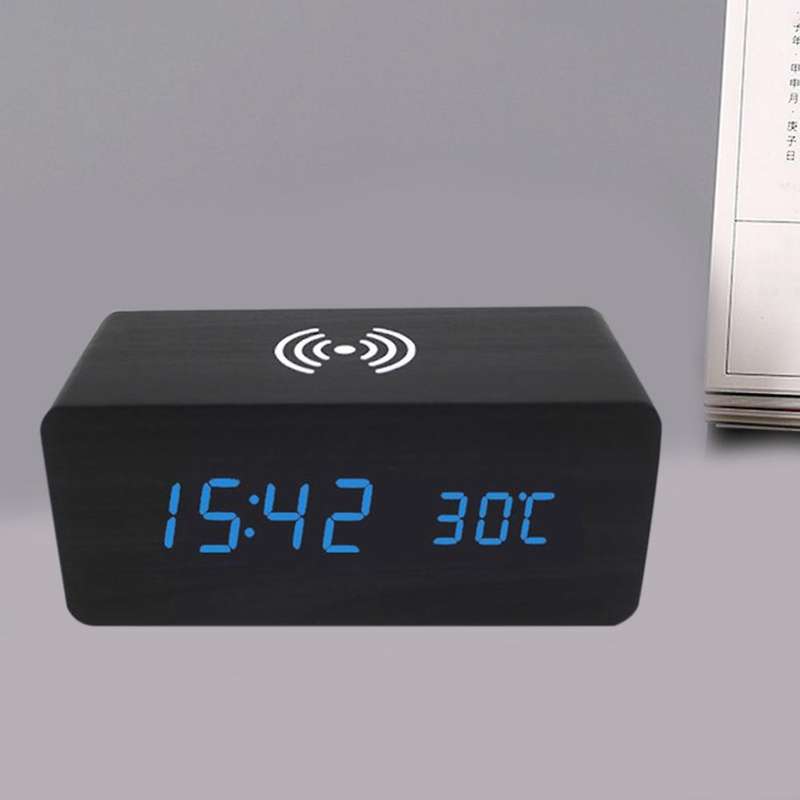 Digital Alarm Clock with Wireless Charging, LED Wood Large Display, USB Port, Date and Temperature D