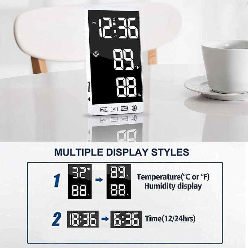 Digital Alarm Clock Mirror Touch Wall Clock LED Time with Temperature Humidity Display USB Port Elec