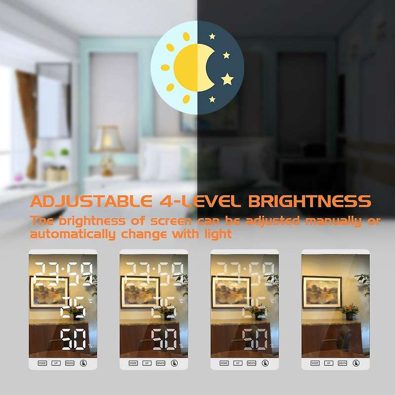 Digital Alarm Clock Mirror Touch Wall Clock LED Time with Temperature Humidity Display USB Port Elec
