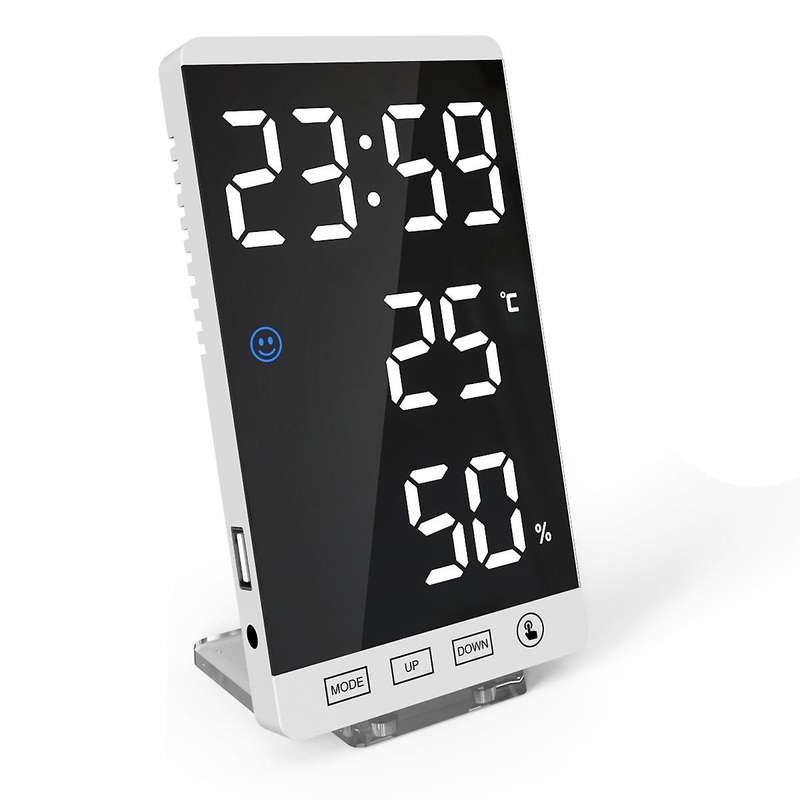 Digital Alarm Clock Mirror Touch Wall Clock LED Time with Temperature Humidity Display USB Port Elec