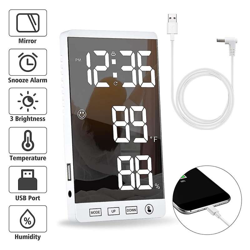 Digital Alarm Clock Mirror Touch Wall Clock LED Time with Temperature Humidity Display USB Port Elec