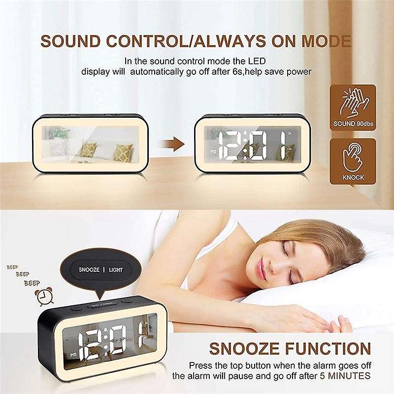 Digital Alarm Clock, Adjustable Brightness Mirror Electronic Led Clock,12/24hr Alarm Clocks for Bed
