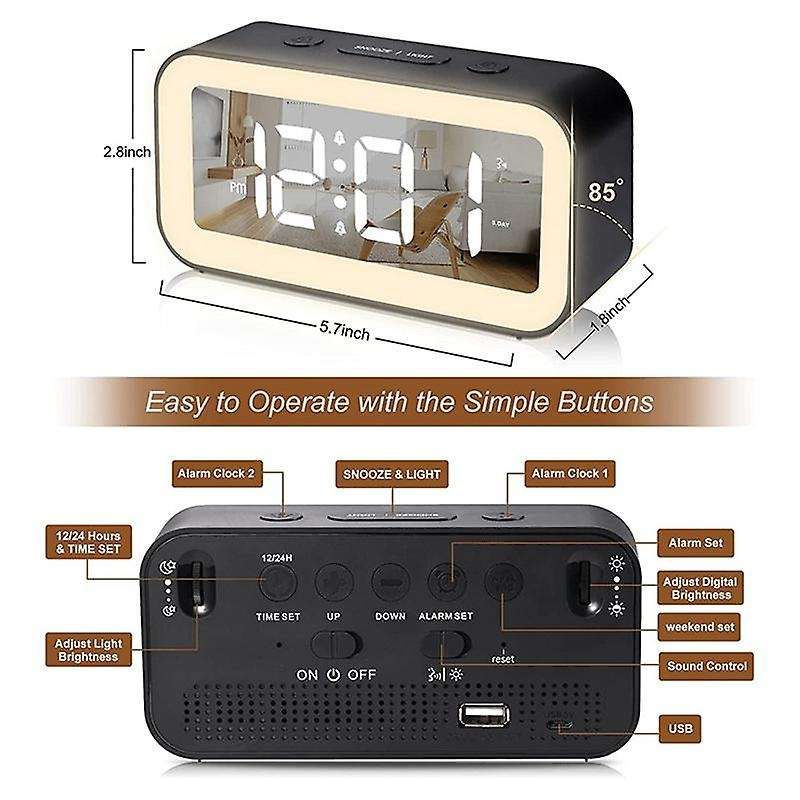 Digital Alarm Clock, Adjustable Brightness Mirror Electronic Led Clock,12/24hr Alarm Clocks for Bed