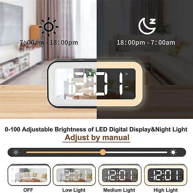 Digital Alarm Clock, Adjustable Brightness Mirror Electronic Led Clock,12/24hr Alarm Clocks for Bed