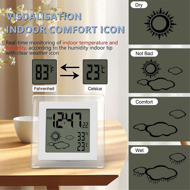 Digital Battery Operated Alarm Clock with Auto Backlight, Indoor Temperature Humidity, 12/24H, Date