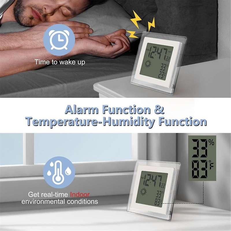 Digital Battery Operated Alarm Clock with Auto Backlight, Indoor Temperature Humidity, 12/24H, Date