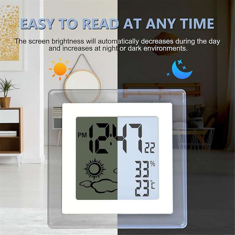 Digital Battery Operated Alarm Clock with Auto Backlight, Indoor Temperature Humidity, 12/24H, Date