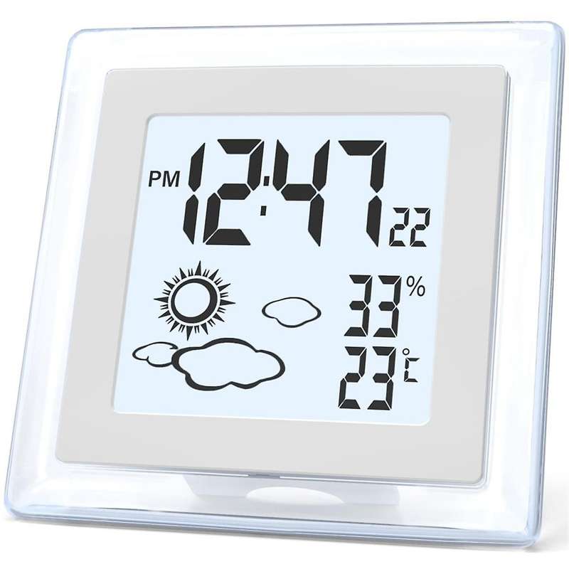 Digital Battery Operated Alarm Clock with Auto Backlight, Indoor Temperature Humidity, 12/24H, Date