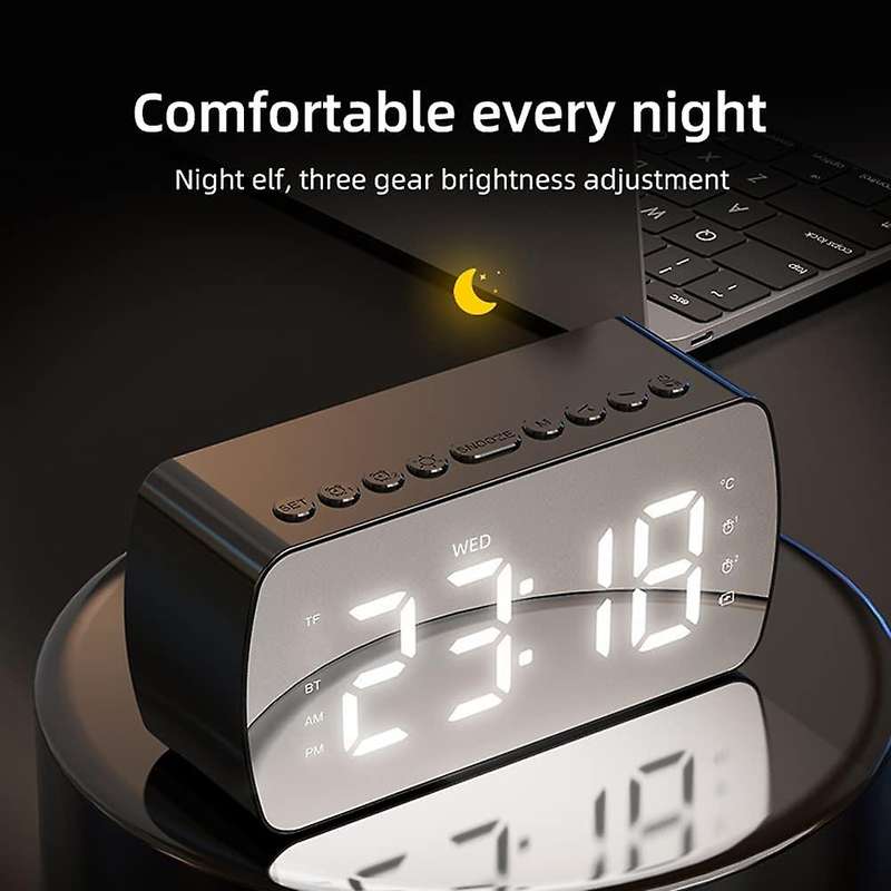 Digital Alarm Clock, with HiFi Bluetooth Speaker, Radio, Dual Alarm,Thermometer Show, TF Card Suppor