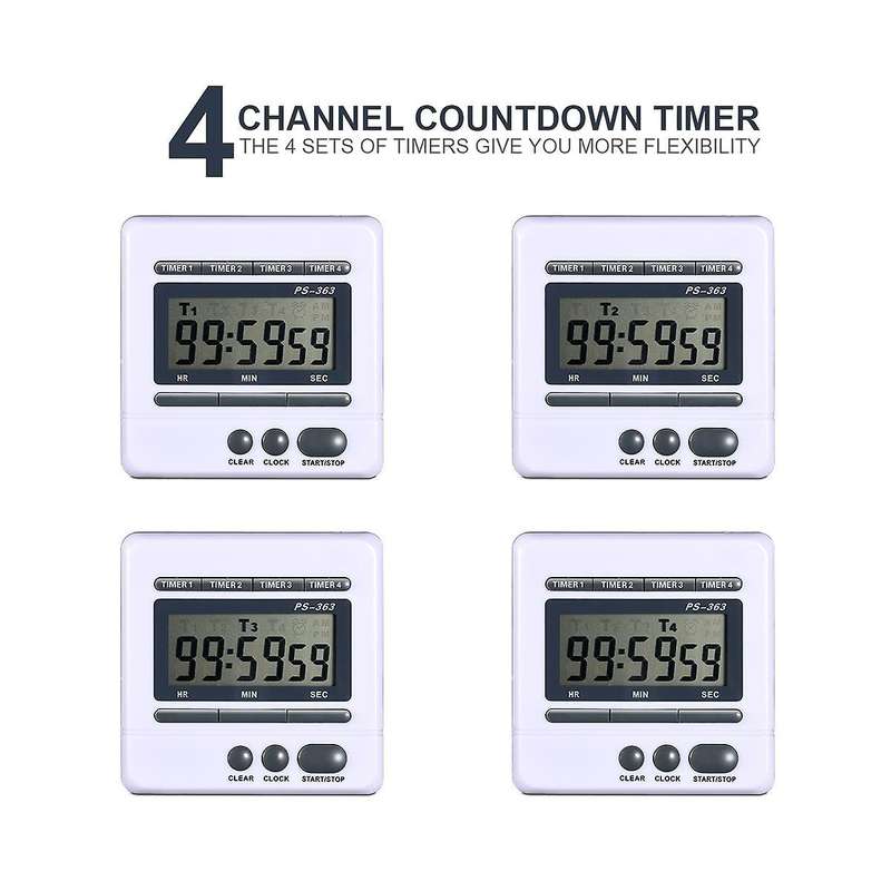 Digital Countdown Timer 4 Channel Count Up Down Kitchen Cooking Timer Clock
