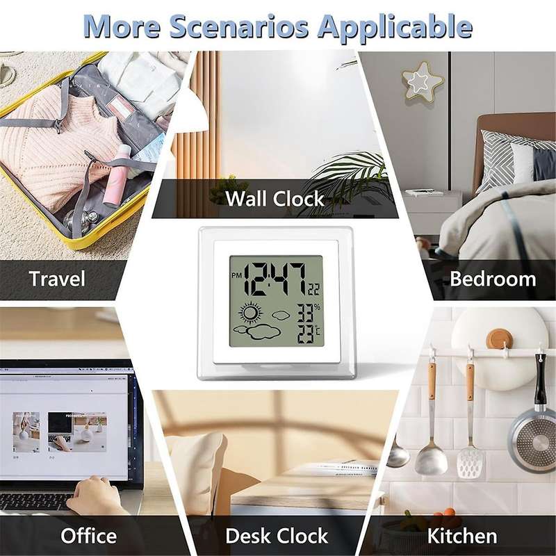 Digital Battery Operated Alarm Clock with Auto Backlight, Indoor Temperature Humidity, 12/24h, Date,