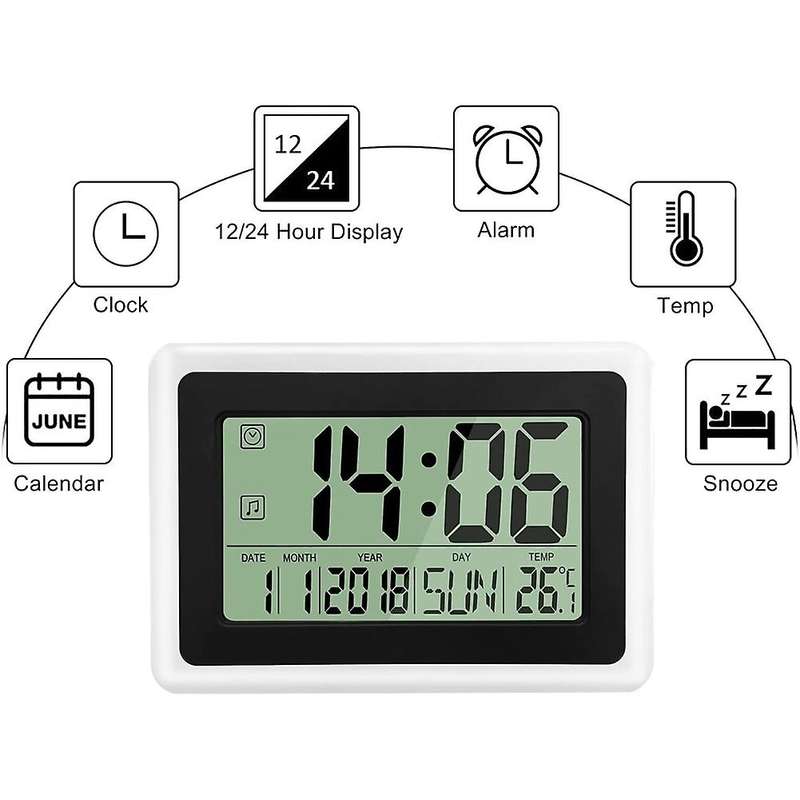 Digital Clock with Calendar & Temperature, Lcd Screen with Extra Digits, Easy to Read and Set