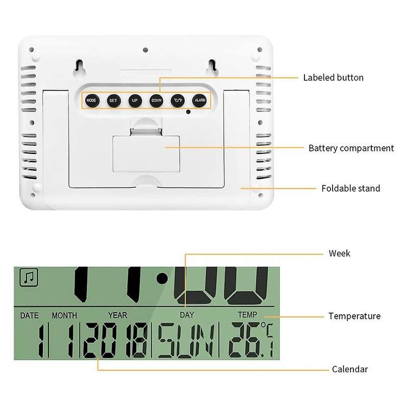 Digital Clock with Calendar & Temperature, Lcd Screen with Extra Digits, Easy to Read and Set