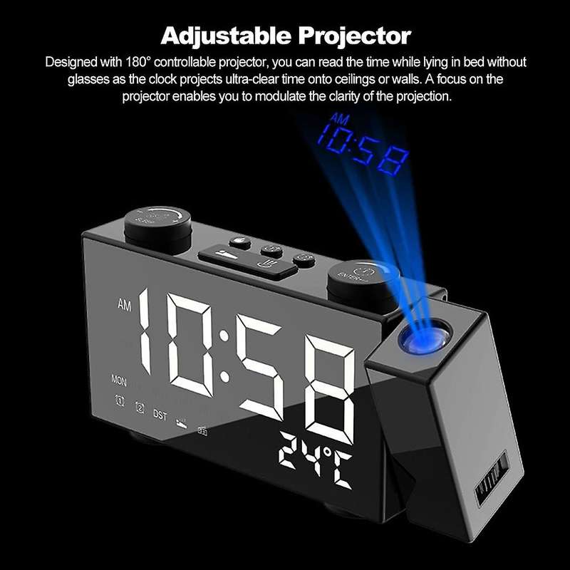 Digital FM Projection Radio Alarm Clock USB Power Supplies LED Thermometer Clock