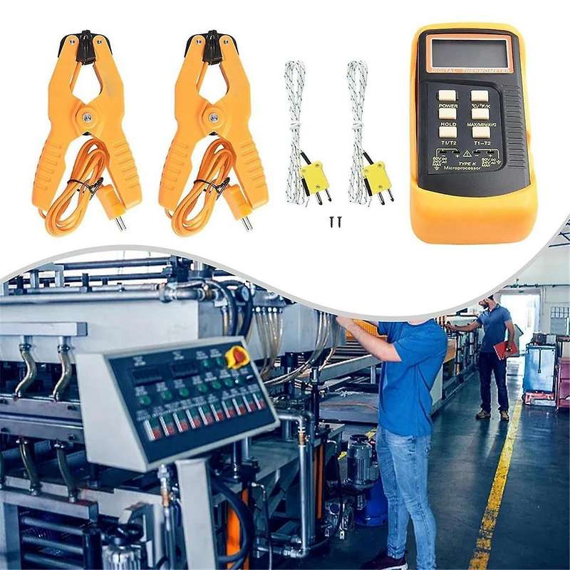 Digital K Type Thermocouple Thermometer(-50-1300C) Dual Channel, 2 Thermometer Pipe Clamp and 2 Se
