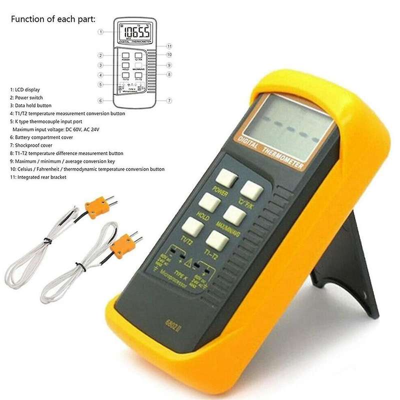Digital K Type Thermocouple Thermometer(-50-1300C) Dual Channel, 2 Thermometer Pipe Clamp and 2 Se