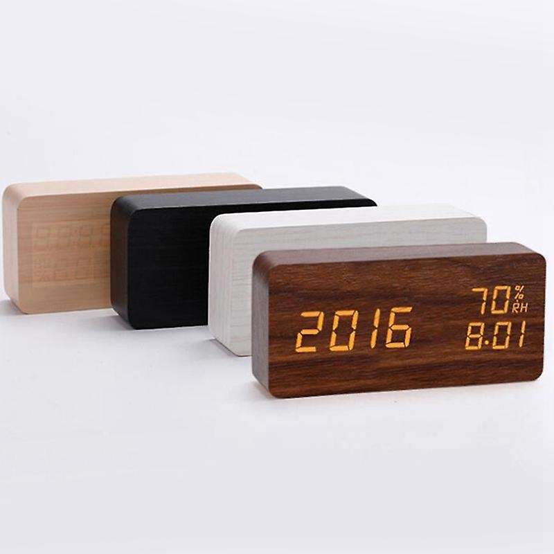 Digital LED Wooden Alarm Clock 3 Brightness Voice Control Temperature Humidity for Home Bedroom Offi