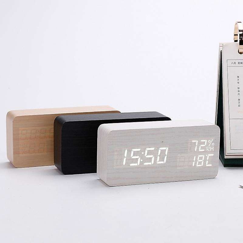 Digital LED Wooden Alarm Clock 3 Brightness Voice Control Temperature Humidity for Home Bedroom Offi