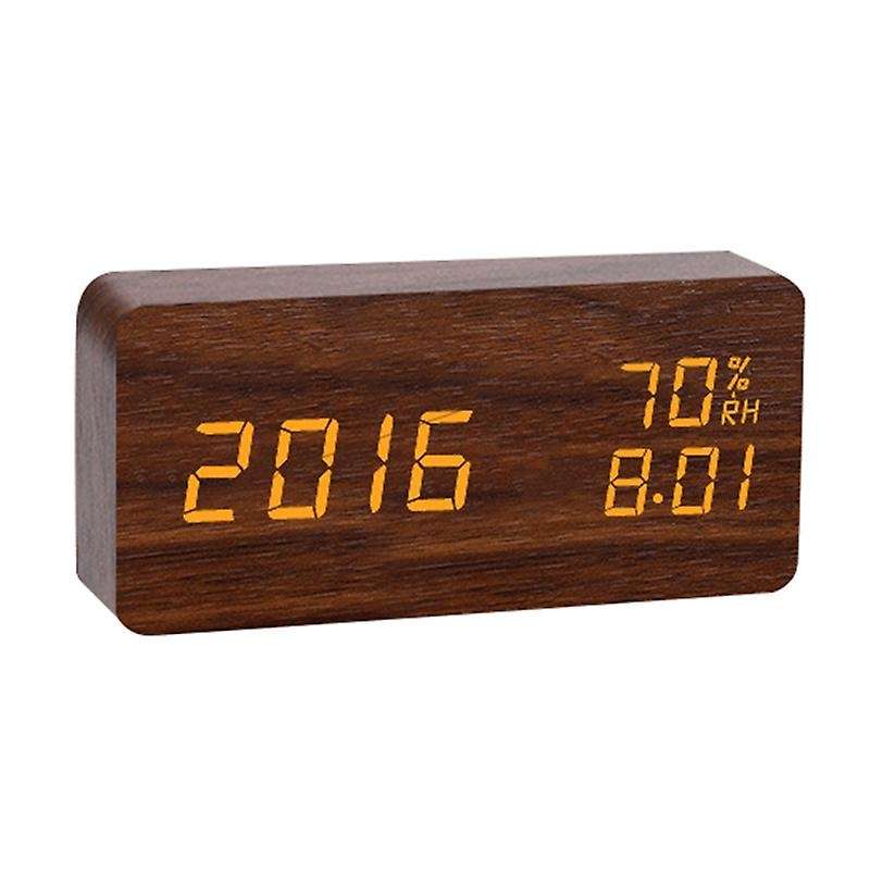 Digital LED Wooden Alarm Clock 3 Brightness Voice Control Temperature Humidity for Home Bedroom Offi