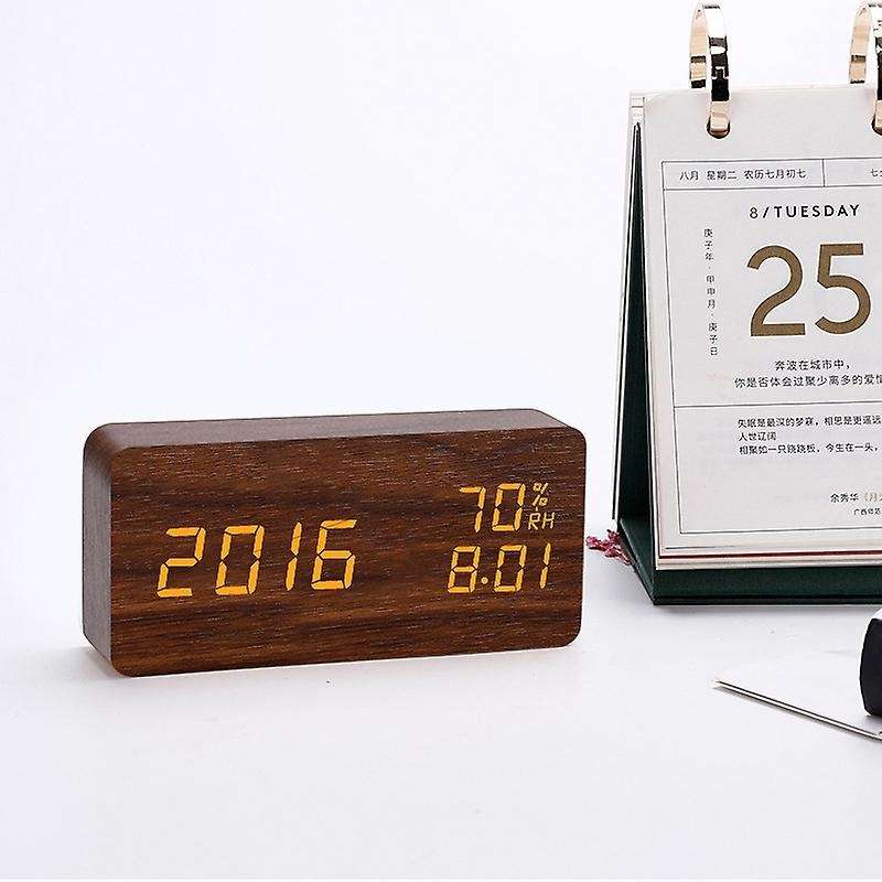 Digital LED Wooden Alarm Clock 3 Brightness Voice Control Temperature Humidity for Home Bedroom Offi