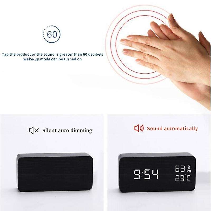 Digital LED Wooden Alarm Clock 3 Brightness Voice Control Temperature Humidity for Home Bedroom Offi